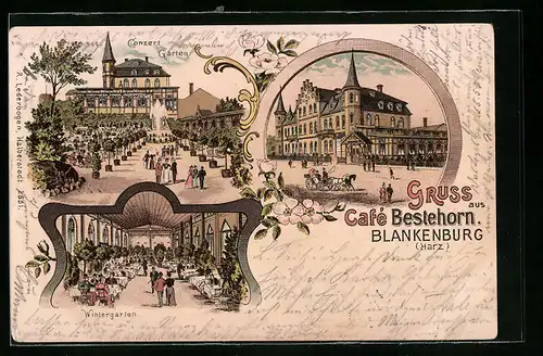 Lithographie Blankenburg /Harz, Gasthaus Conzert Garten, Wintergarten