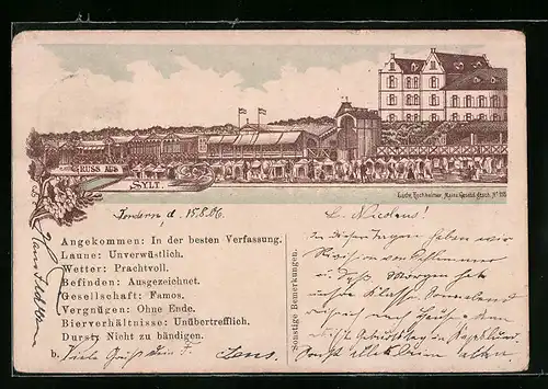 Lithographie Sylt, Strandpromenade mit Hotel und Strandkörben