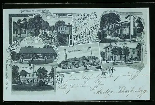 Mondschein-Lithographie Hohenaspe, Hauptstrasse mit Gasthof zur Post, Pastorat, Ellernbrook, Villa Williamsruh