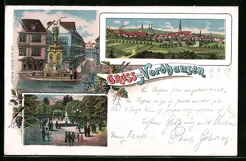 Lithographie Nordhausen, Lutherbrunnen, Gehege, Totalansicht