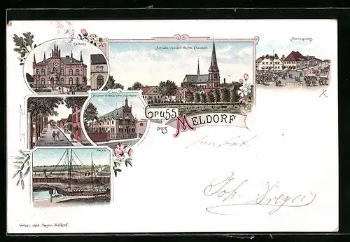 Lithographie Meldorf, Rathaus, Marktplatz, Museum Dithmarscher Alberthumer, Zingelstrasse und Hafen