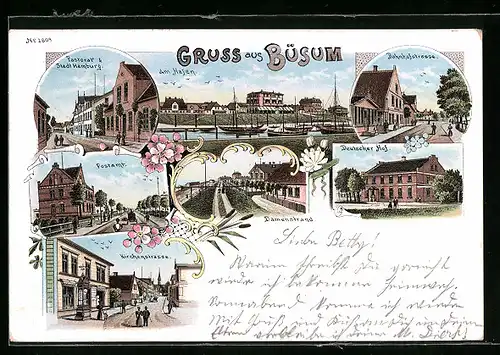 Lithographie Büsum, Pastorat und Hotel Stadt Hamburg, Hafen, Postamt und Kirchenstrasse