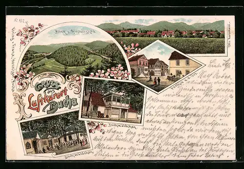 Lithographie Bucha, Gasthof Buchwäldchen, Blick v. Günthersheil, Totalansicht