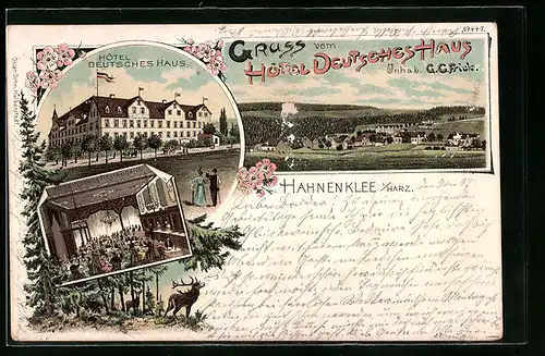 Lithographie Hahnenklee im Harz, Hotel Deutsches Haus, Innenansicht, Totalansicht