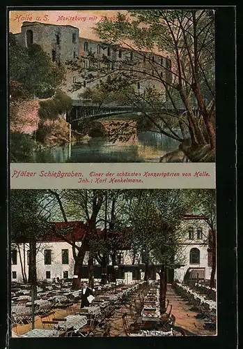 AK Halle a. S., Moritzburg mit Burgbrücke, Gasthaus Pfälzer Schiessgraben