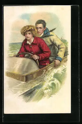 Künstler-AK sign. R. Chester: Frau und Mann im Boot