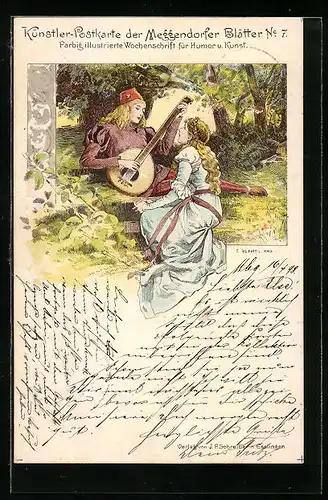 Künstler-AK Meggendorfer Blätter Nr.: 7, Maid lauscht dem Barden