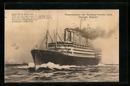 Künstler-AK Riesendampfer Kaiserin Auguste Victoria der H.-A.-Linie in der Bugansicht