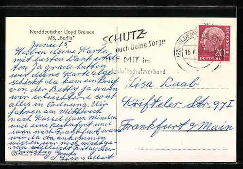 Künstler-AK Passagierschiff MS. Berlin des Nordd. Lloyd auf hoher See