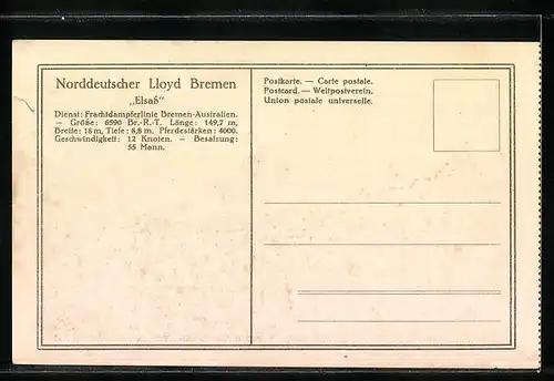 AK Frachtdampfer Elsass des Nordd. Lloyd bei leichtem Wellengang