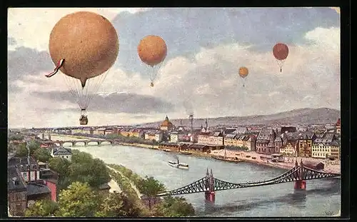 Künstler-AK Stadtpanorama mit Heissluftballons