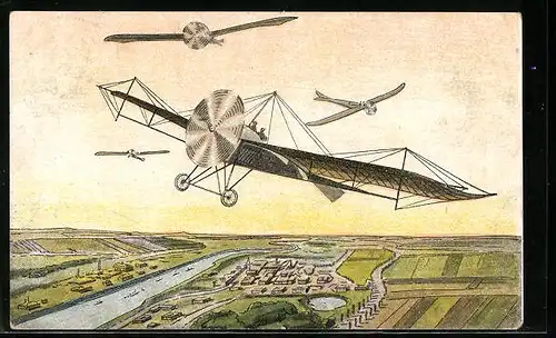 Künstler-AK Frühzeitliche Flugzeuge bei einem Übungsflug