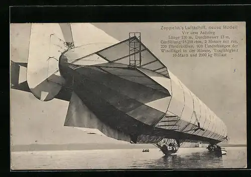 AK Neues Modell von Zeppelin`s Luftschiff, Vor dem Aufstieg über dem Bodensee
