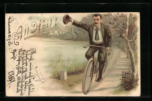 Lithographie Fahrradfahrer wünscht All Heil!