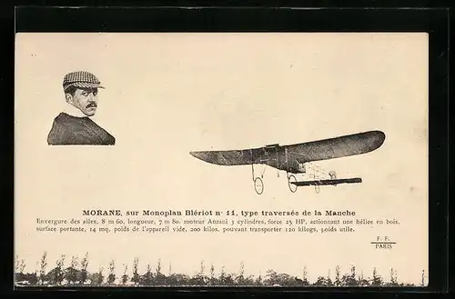 AK Morane, sur Monoplan Blériot Nr. 11, type traversée de la Manche