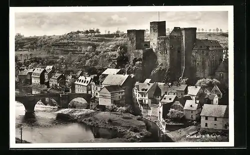 AK Runkel a. d. Lahn, Teilansicht mit Brücke und Burg