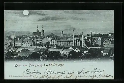 Mondschein-AK Ludwigsburg, Panorama mit Fabrikschloten von oben gesehen