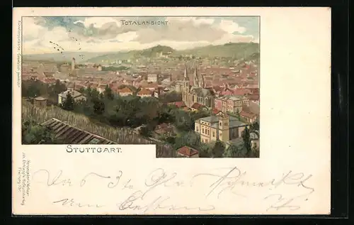 Lithographie Stuttgart, Totalansicht aus der Vogelschau
