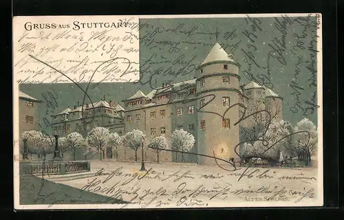 Künstler-AK Stuttgart, Altes Schloss im Winter