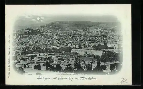 Mondschein-AK Stuttgart, Ortsansicht mit Hasenberg