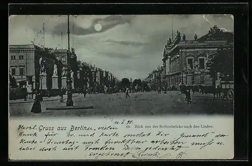 Mondschein-AK Berlin, Blick von der Schlossbrücke nach Unter den Linden