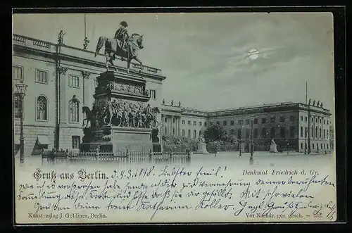 Mondschein-AK Berlin-Tiergarten, Denkmal Friedrich d. Grosse