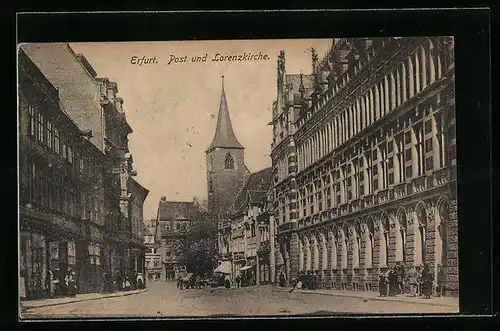 AK Erfurt, Post und Lorenzkirche mit Geschäften