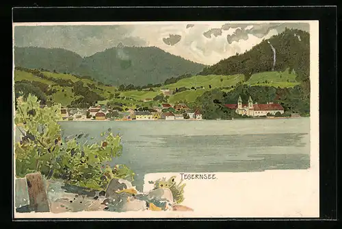 Lithographie Tegernsee, Uferpartie
