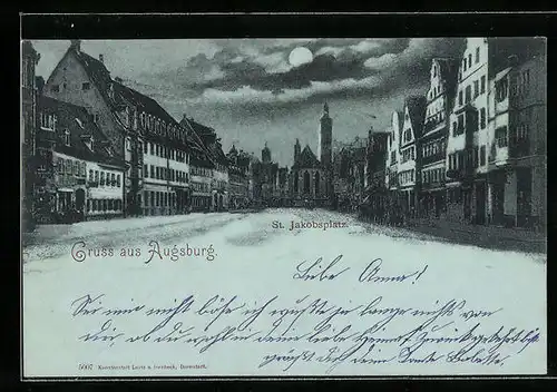 Mondschein-AK Augsburg, St. Jakobsplatz mit Geschäften