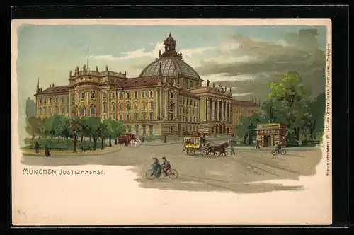 Lithographie München, Justizpalast mit Kutschen