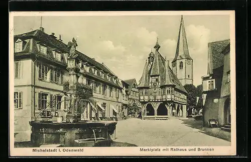 AK Michelstadt i. Odenwald, Marktplatz mit Rathaus und Brunnen