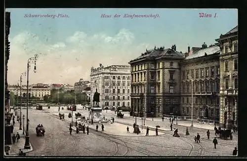 AK Wien, Schwarzenberg-Platz mit Haus der Kaufmannschaft und Strassenbahnen