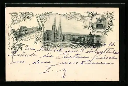 AK Wien, Maximiliansplatz und Votivkirche, Universität, Radetzky-Denkmal