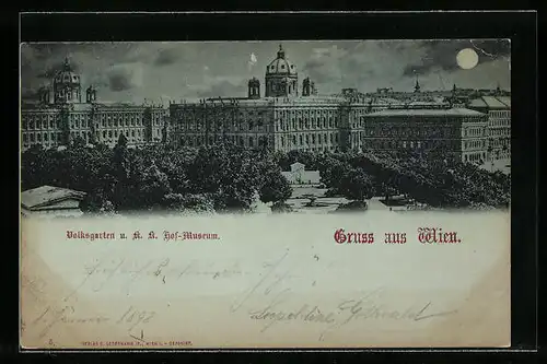 Mondschein-AK Wien, Volksgarten und K. K. Hof-Museum