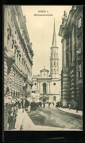AK Wien, Michaelerkirche mit Strassenpartie