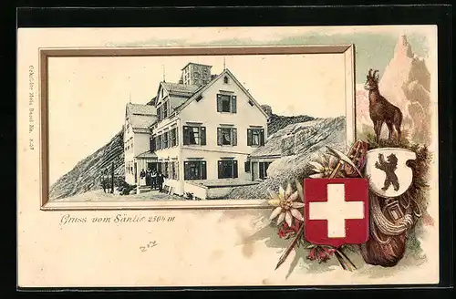 Passepartout-Lithographie Säntis, Gasthaus in Gipfelnähe, Wappen, Gämse