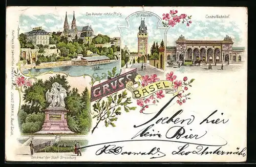 Lithographie Basel, Das Münster mit der Pfalz, St. Albanthor und Bahnhof