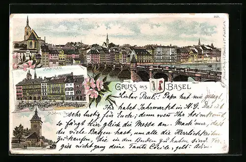 Lithographie Basel, Marktplatz, St. Johann-Thor