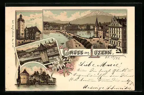 Lithographie Luzern, Panorama mit Brücke, Türme
