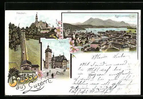 Lithographie Luzern, Ortsansicht vom Gütsch aus, Gütschbahn und Rathaus