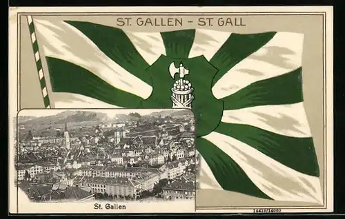 Präge-AK St. Gallen, Blick über die Häuser, Wappenfahne der Stadt