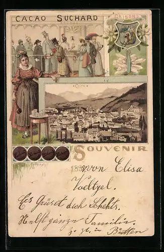 Lithographie Chur, Ortsansicht, Cacao Suchard Reklame