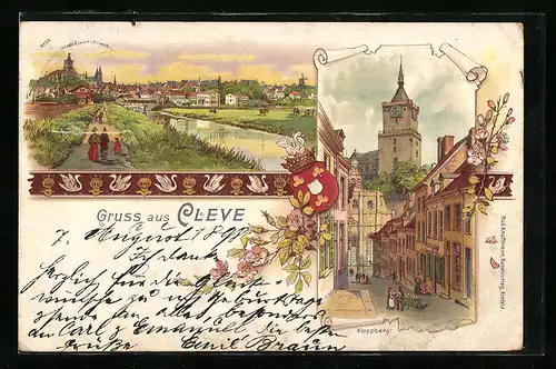 Lithographie Cleve, Kloppberg mit Flusspartie