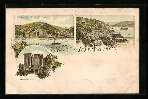 Lithographie Bacharach, Ortsansicht mit Wernerkapelle