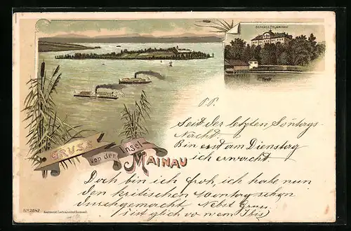 Lithographie Mainau, Schloss Mainau mit Dampfern