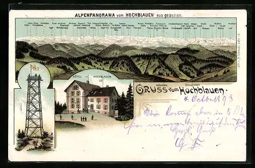 Lithographie Hochblauen, Alpenpanorama mit Hotel Hochblauen