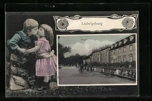 Passepartout-AK Ludwigsburg, Schloss, Kinderpaar küsst sich