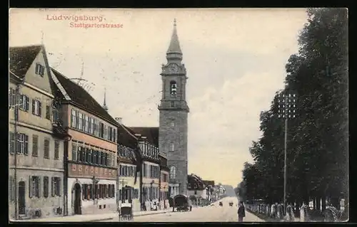AK Ludwigsburg, Stuttgarterstrasse mit Kirche