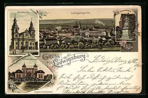 Lithographie Ludwigsburg, Totalansicht mit Schillerdenkmal und Stadtkirche