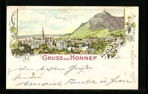 Lithographie Honnef, Totalansicht mit Kirche